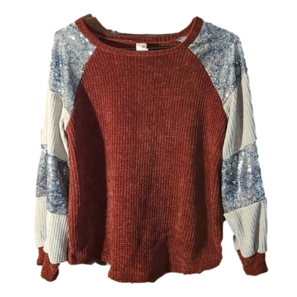 7th Ray Sweaters - 7th Ray Sequined Pullover Red Silver Textured Sweater